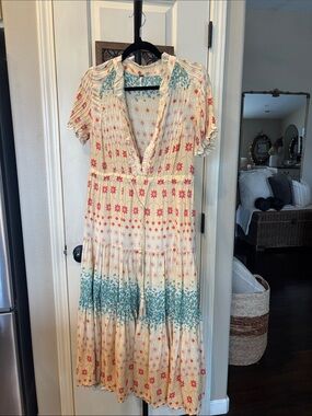 Free People Cream Midi Dress with Pink & Teal Floral Accents